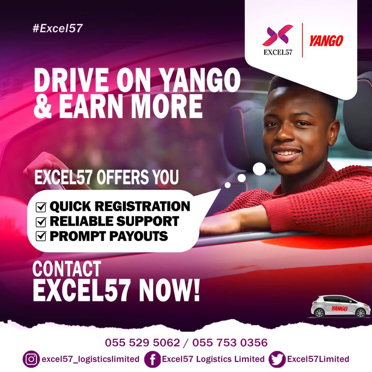 Excel57Limited's tweet photo. Drive on Yango with Excel57 and earn more! Looking for a partner that delivers on prompt payouts? Excel57 has got you covered!!
.
.
.
#yangocomfort #yango #transport #travel #yangoghana #ghana #yangolife #gh #style #fitness #transportation #everything_transport https://t.co/EYWH1rgSq5