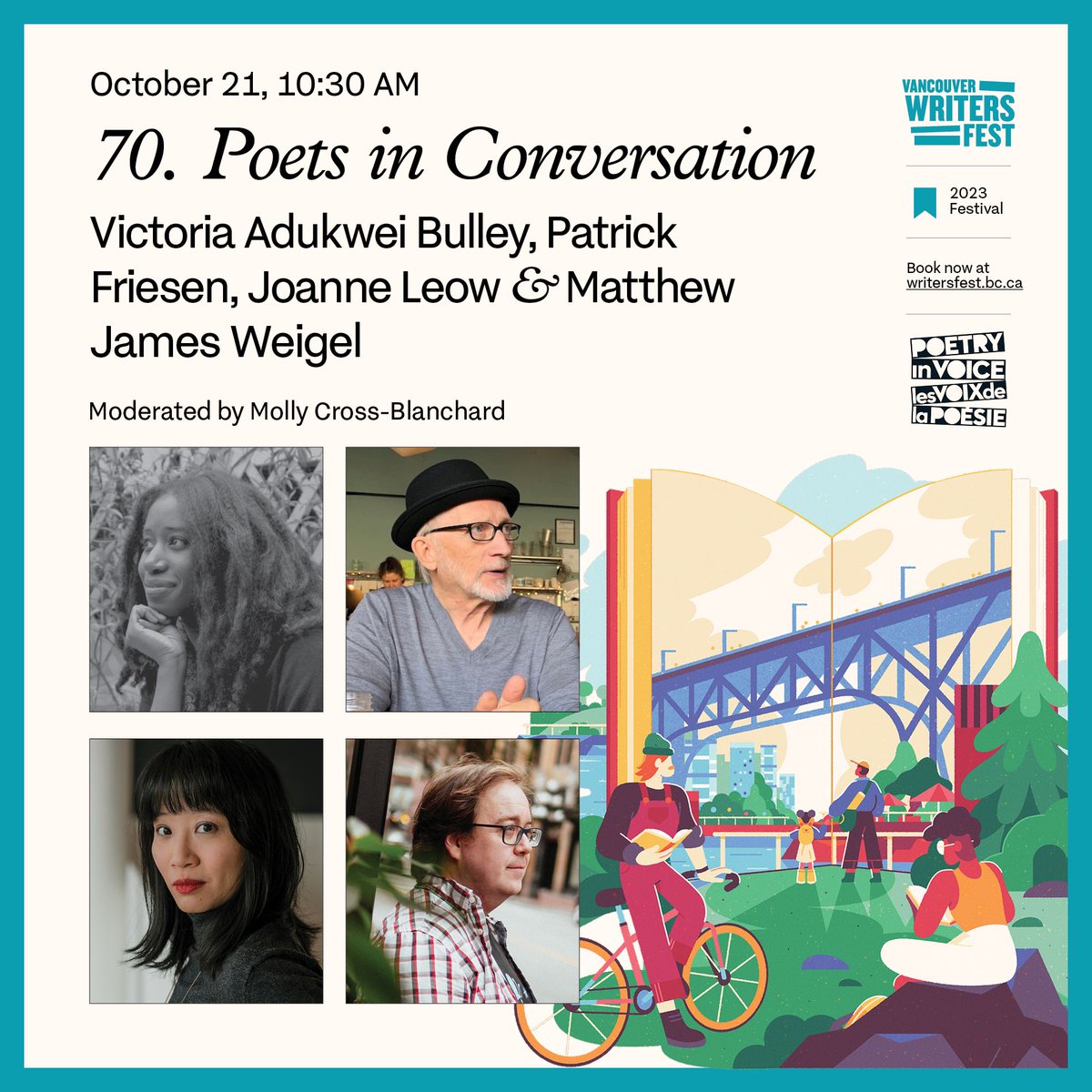 @victoriaadukwei @SpongePoet @KwantlenCRWR 📚 70. Poets in Conversation – Consciousness-expanding poetry with @victoriaadukwei, Patrick Friesen, @joleow, and @spongepoet. Moderated by @MollyECB and presented in collaboration with @PIVLVP. writersfest.bc.ca/festival-event…