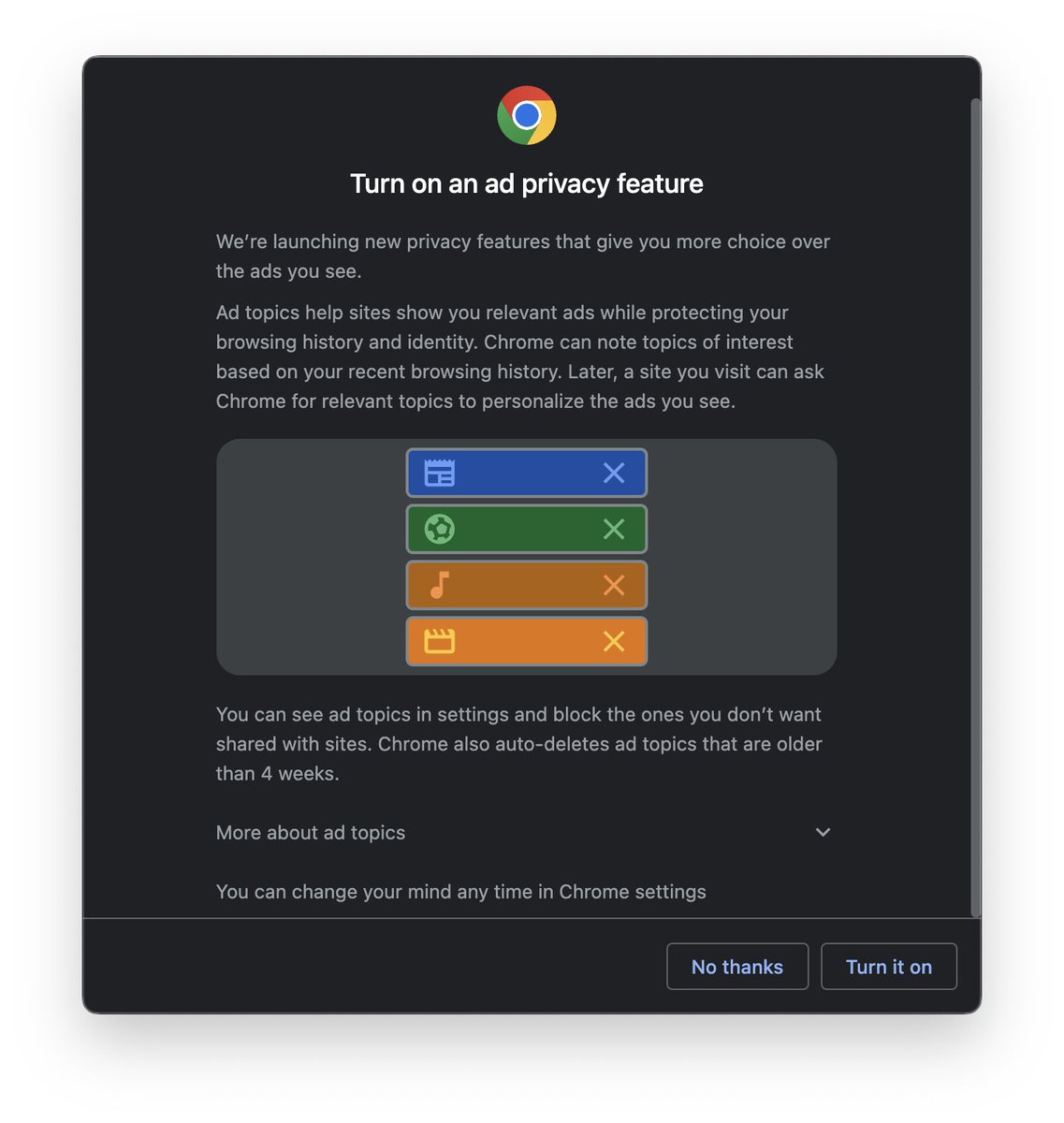 twostraws's tweet photo. One website I use insists on using Google Chrome, so I launch Google Chrome… and see this. I don't know what kind of dark pattern it is but I have no idea what the correct answer is to say, "don't share anything with anyone." Just… please give me privacy on the web like Safari? https://t.co/Dlr1b0o7bi