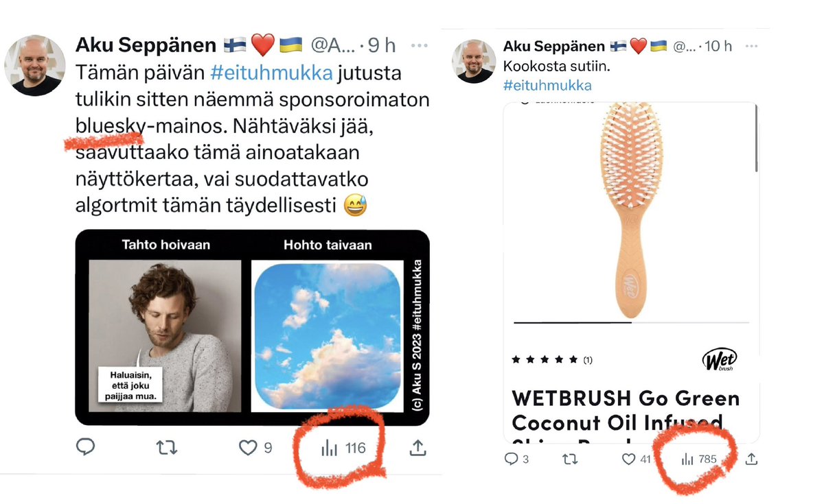 Twiittasin nämä kaksi viestiä puolen tunnin välein. Hieman vaikuttaisi siltä, että tuon sinisen taivaan mainitseminen vaikuttaa näyttökertojen määrään.

Eli X:n algoritmi toimii, kuten sen kuuluukin. Well done 😅