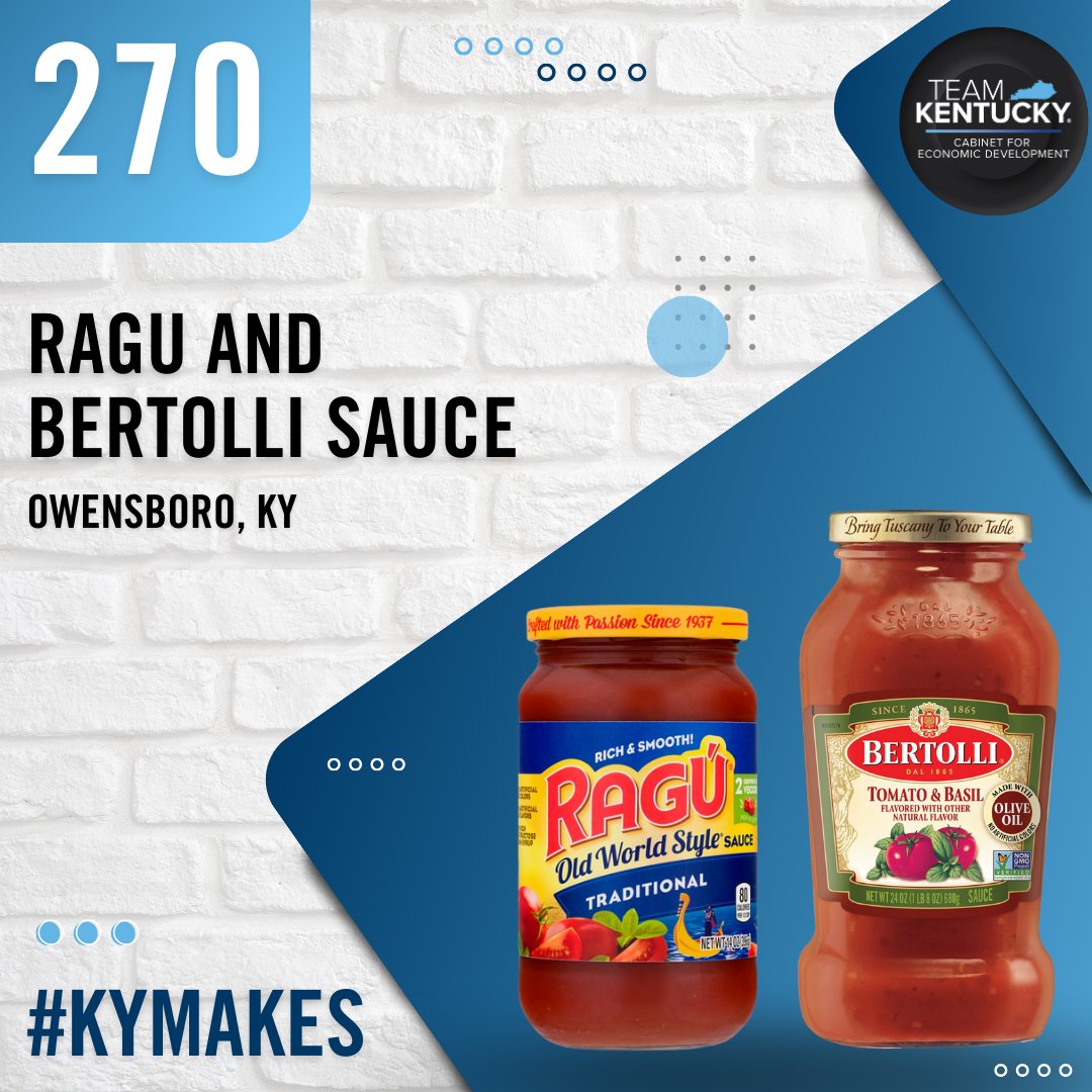 CEDkygov's tweet photo. We have the secret sauce to success right here in Kentucky! 🍝 Did you know that iconic brands like @ragusauce and @Bertolli have their products exclusively made in Owensboro? Find out what other products are stirring up success as we continue highlighting the 270!

#KYmakes https://t.co/GFUWFquwof