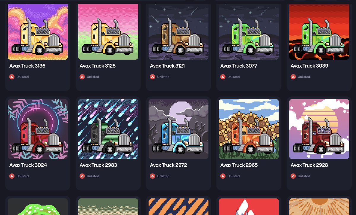AvaxTrucks's tweet photo. Friendly reminder that Avax Trucks is still minting for only .5 Avax. We are blown away from the love and support we have seen from the community. We kind of went background crazy on this collection. Hope you guys enjoy it truly. 

https://t.co/RNTtQIDJPF

#avax #trucking https://t.co/2waeACSNDS