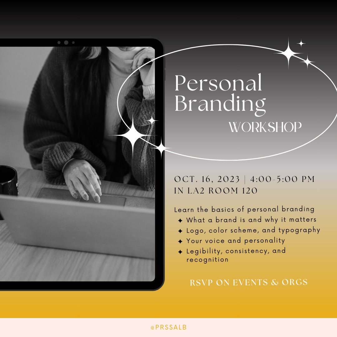 PRSSALB's tweet image. Want to learn about what a brand is and how to create one for yourself? 🪄💻✨

Attend our Personal Branding Workshop this Monday, Oct. 16 In the Liberal Arts 2 (LA2) building room 120 from 4 p.m. to 5 p.m. 

RSVP @ Events and Orgs on your SSO 📢

#prssalb #csulbjpr #csulbcla