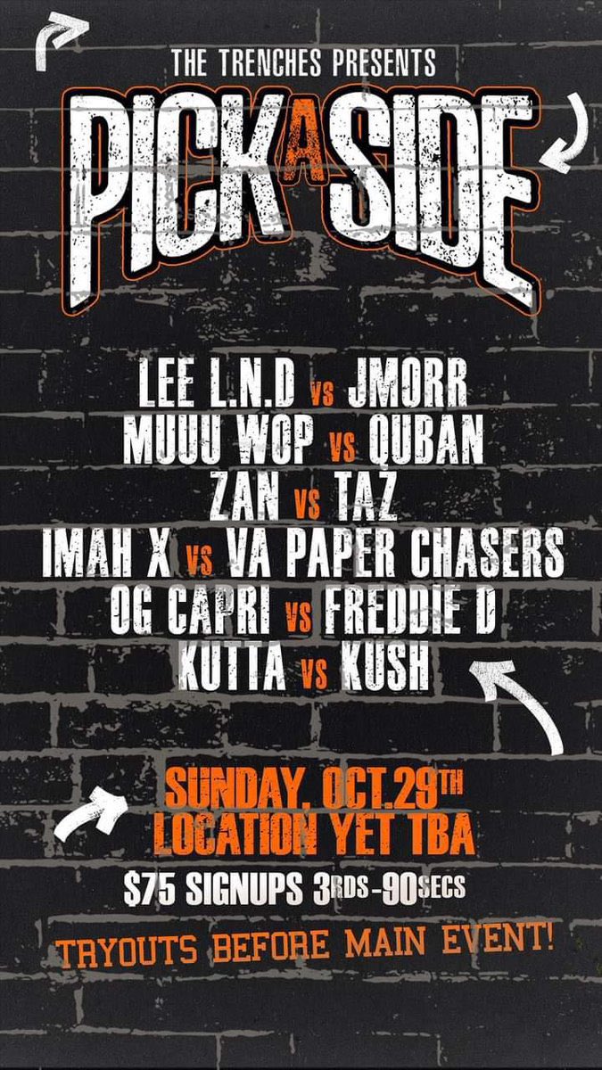 EazyTBCupdates's tweet photo. #TRENCHES2 FACE-OFFS 🎥
@0LEE_LND0 vs @ @JmorrUpone TODAY 🚨 5:00 pm EST
The Trenches - Pick A Side - Jmorr vs Lee L.N.D - Faceoff https://t.co/QTcPEHGP8j @Eazyblockcapt @muslimpapi215 @johnnywitdamac
October 29, 2023 | Tickets at https://t.co/HPCY8egHwM https://t.co/QeVqMIrRs1