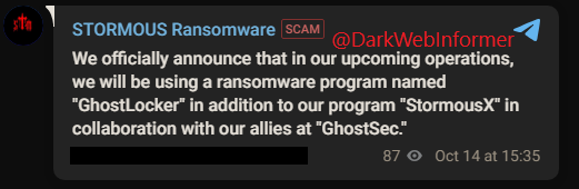 DarkWebInformer's tweet photo. Stormous has allegedly stated they will use a new Ransomware-as-a-Service (RaaS) software named GhostLocker. They will use this with their existing software, StormousX. Stormous has allies with GhostSec. #GhostSec #GhostLocker #StormousX #Ransomware #StopRansomware #DarkWeb #DarkWebInformer #Cyberattack Courtesy find by @FalconFeedsio