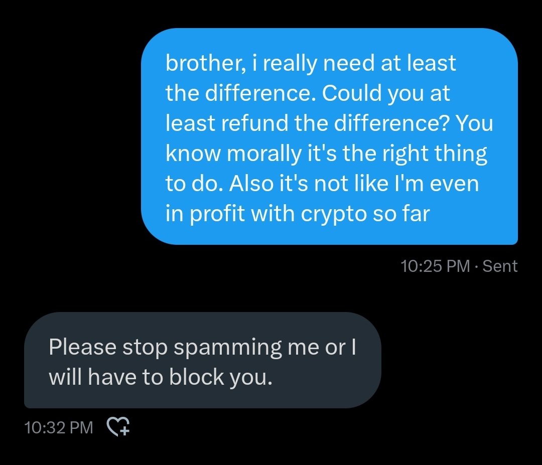 kaylon_eth's tweet photo. Thank you for being totally immoral, @696_eth.

I messaged him 4 minutes after the sale. I had a lengthy chat explaining how the mistake bid happened, along with info such as my crypto PnL. (It's negative, even if ENS PnL is positive.)

He decided to refund exactly $0. 

Thanks! https://t.co/ZXejr0T1hv