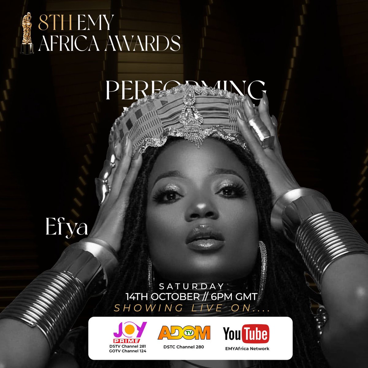 DARLINGS ITS AWARDS SZN!!!!!💥💥💥💥 @emyafrica 
・・・
Taking the stage at the #EMYAfrica23 night  Is The Electrifying EFYA !!!!!!!!! 🔥🔥🔥🔥

Catch these thrilling performances live on @joyprimetv, @adomtv and EMY Africa Network on YouTube 6pm on the 14th of October 2023.