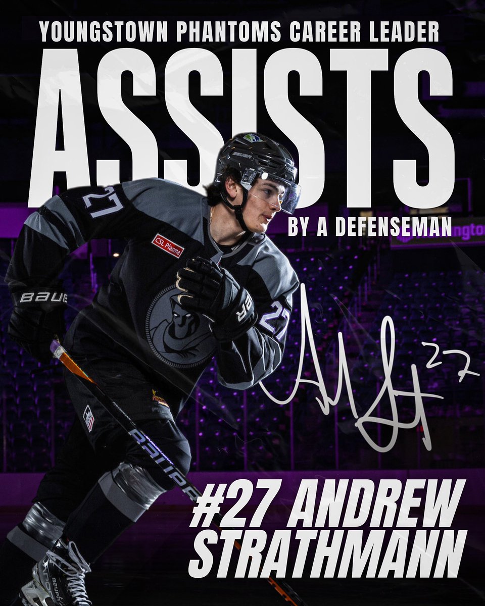 YtownPhantoms's tweet photo. With his assist to Brecken Smith in the second period last night, Andrew Strathmann has now broken the Phantoms career record for assists by a defenseman. Congratulations Andrew!

#ForgingForward | #YoungstownPhantoms https://t.co/mGhCcyeVTn