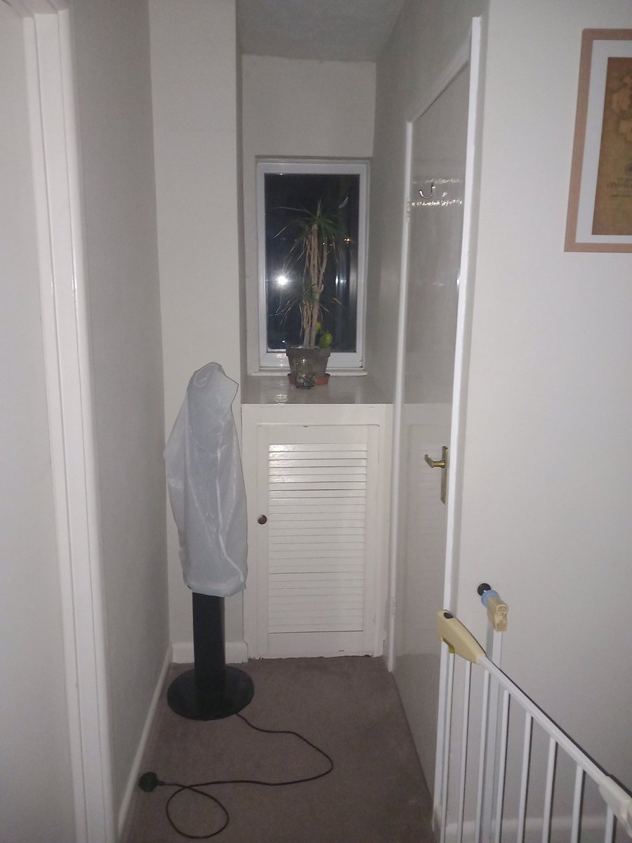 For reasons unknown, the Lady K has stuck a white bag over the electric fan and left itmkn the landing. If you don't hear from me again, it's because I saw it in the night and died of fright.