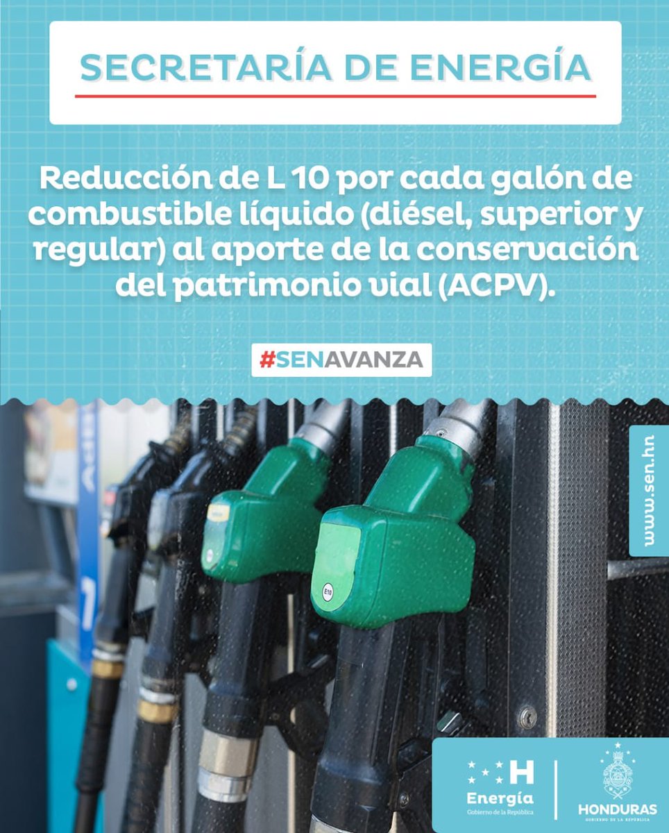 📌 ¡SECRETARIA DE ENERGÍA!

Reducción de L 10 Por Cada Galón de Combustible Líquido ( diesel,Superior y Regular ) 
Al Aporte de la Conservación del Patrimonio Vial ( ACPV)
#SENAvanza 
#XiomaraCumple