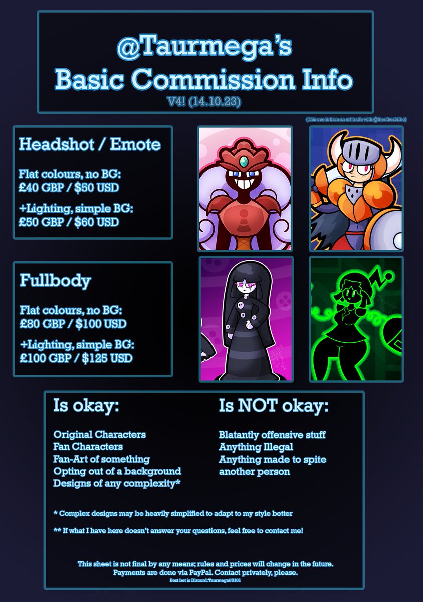 Taurmega's tweet image. New rendition of my Com sheet!
A lot of time has passed since the last one, and a lot of crazy things happened too.

Would mean a lot to me if you spread this around, thank you!