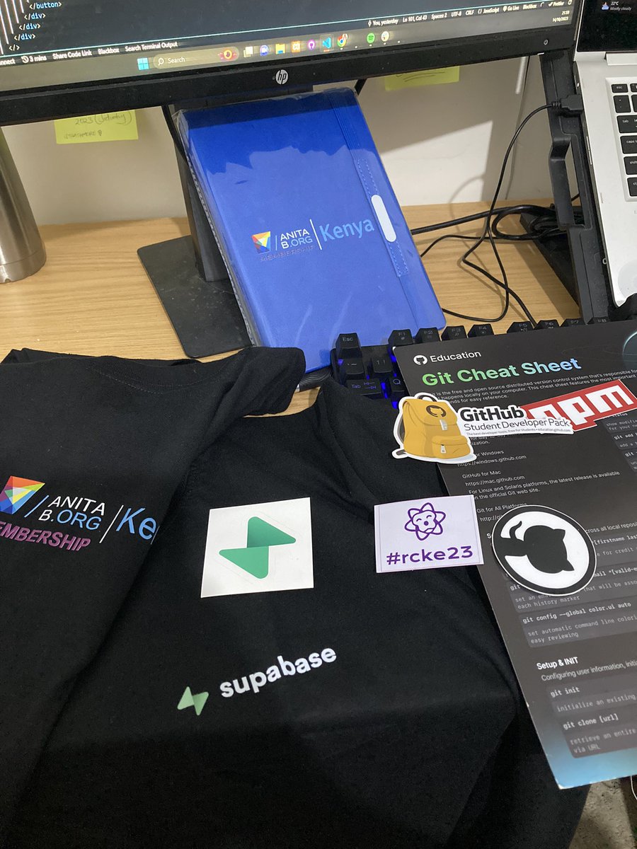 Day 24 of #365DaysofCode

I’m about to drip tech😎. 
A collection of swag from sessions @renderconke and today’s #ReactIgnite event by #anitaBorg. 
Thank you @supabase @reactdevske 

#supabase #npm #github #reactjs