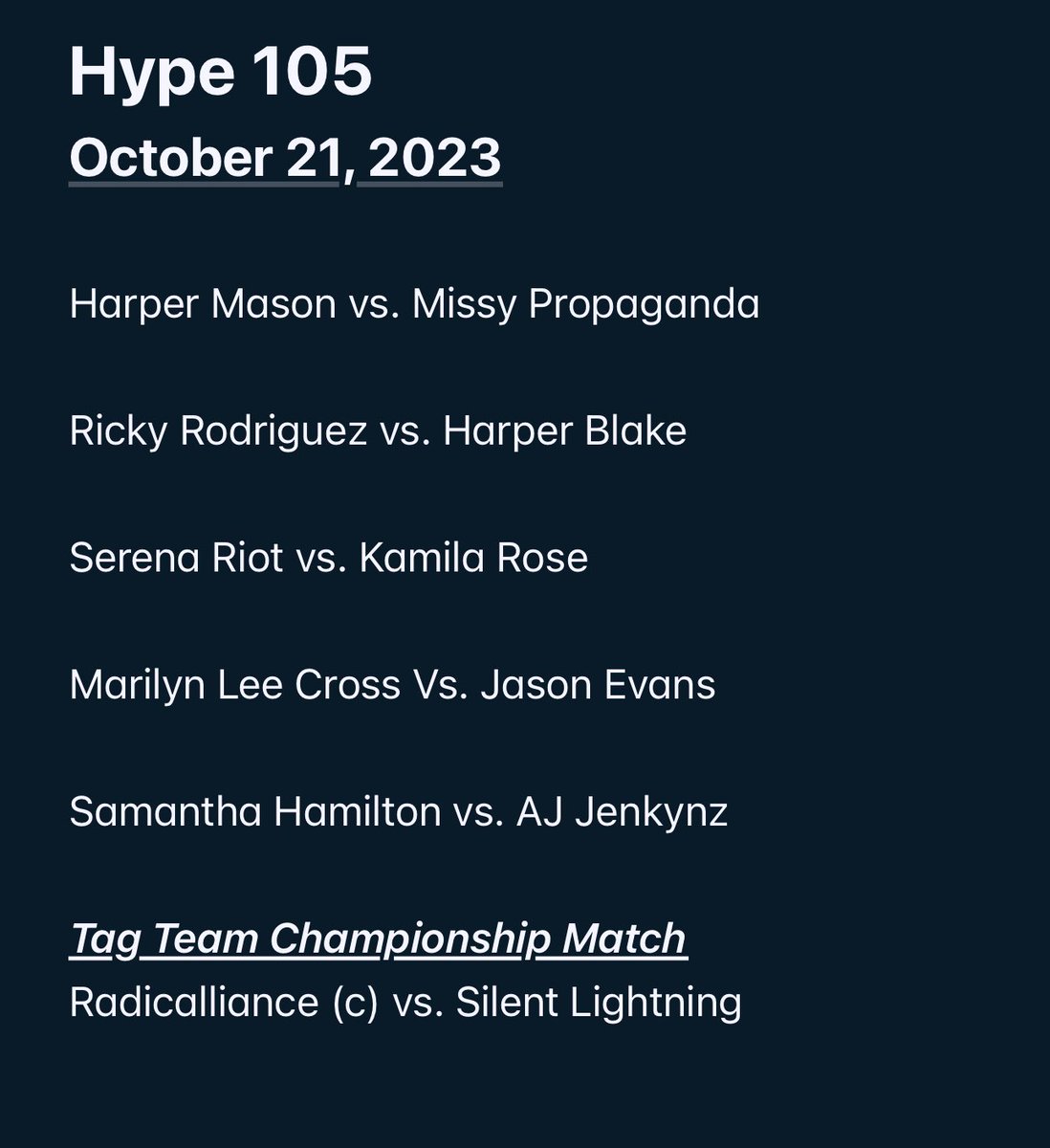 _empirew's tweet photo. One week from today #Hype 105 comes to you with an action packed night. We’ll see the Tag Team Champions @POPRNorth @BrooklynLuchaJG defend against @5il3ntLightning, the debut of @RickyToTheTop, the World Champion @MarilynLeeCross in action, and much more! https://t.co/7xd8YG4EBH