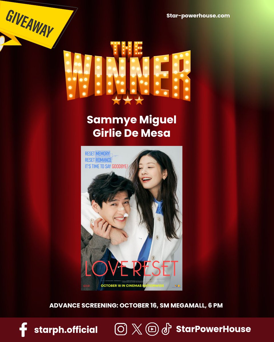 StarPowerhouse's tweet photo. #StarPh Premiere Night Tickets Giveaway Winners 

Please send us your fullname with your +1. We will wait until 3PM. #LoveReset Advance Screening will be on Oct. 16 at 6PM, SM Megamall, Cinema 2.

Showing on 𝗢𝗰𝘁𝗼𝗯𝗲𝗿 𝟭𝟴 Nationwide! 

#KangHaNeul #강하늘
#JungSoMin #정소민 https://t.co/Rgz5D0hNOk