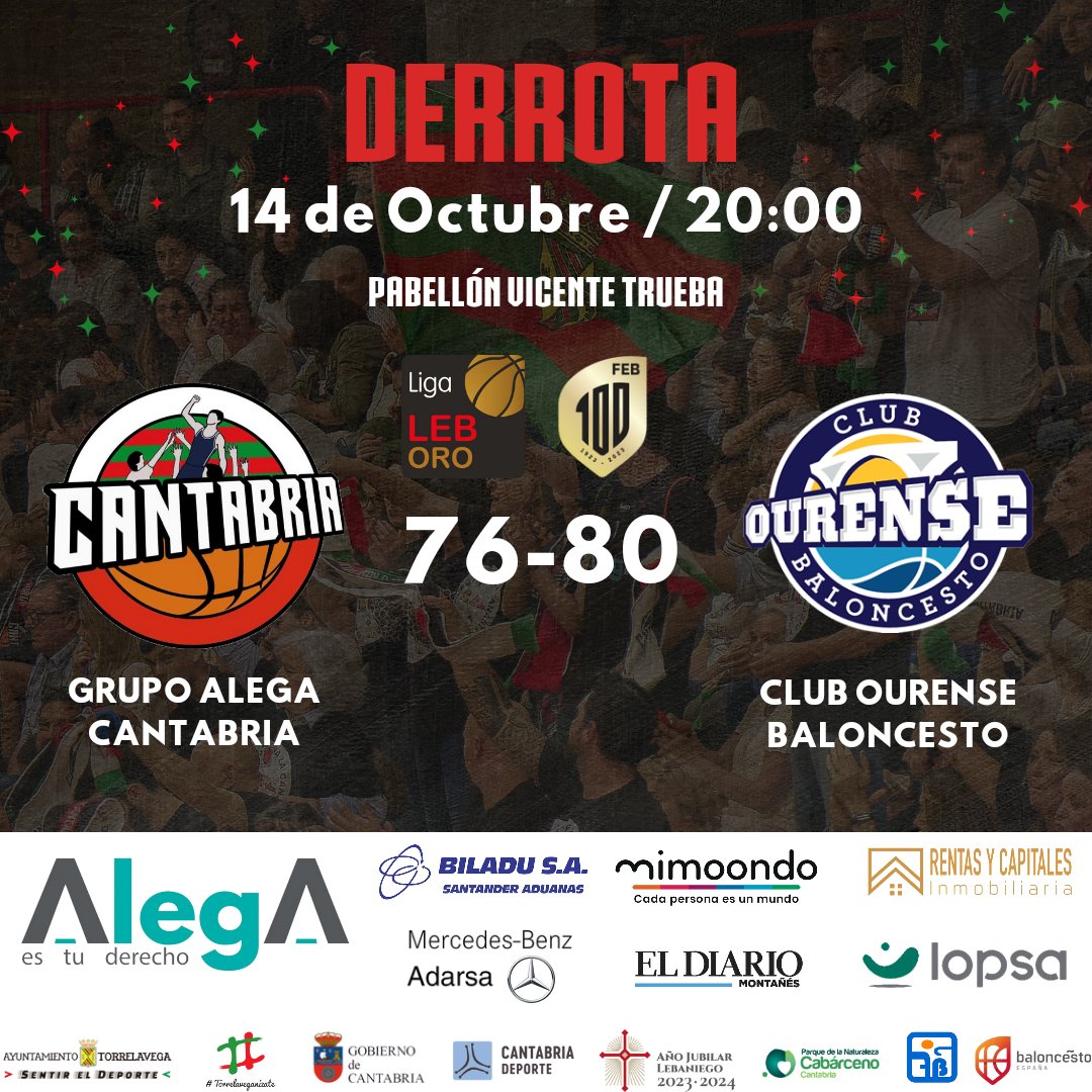 GrupoAlegaCant's tweet photo. ❌ Derrota | Se nos escapó un partidazo en la prórroga. ¡Gracias afición! Derrota en la pista pero victoria fuera de ella.

@GrupoAlegaCant 76-80 @COBSAD 

#BaloncestoDeSiempre
#EquipoDeAhora https://t.co/lYJnr3o6EE