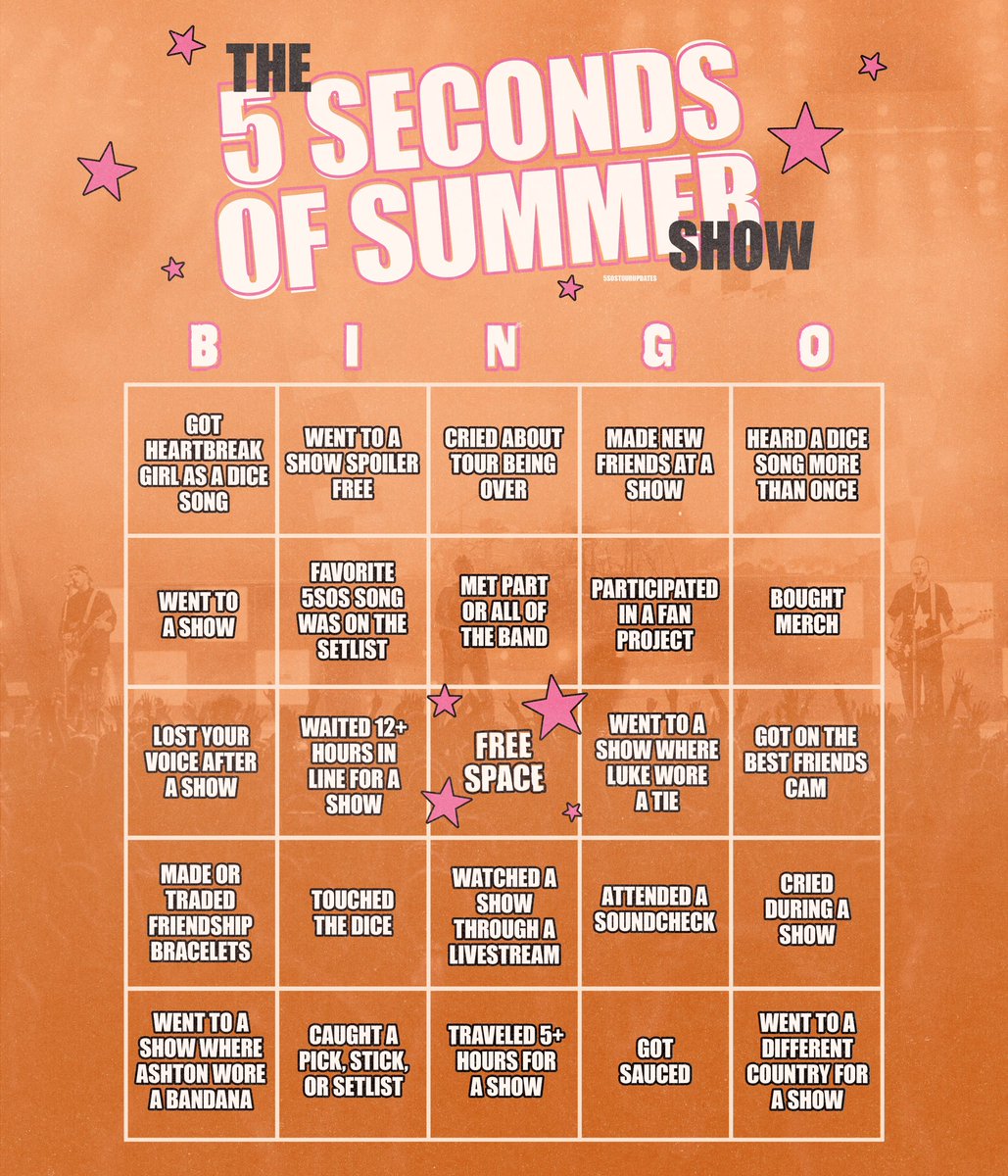 5SOST0URUPDATES's tweet photo. The 5SOS Show BINGO!

Mark boxes that apply to you and quote this post with your answers! 🩷🧡

#The5SOSShow https://t.co/kjzzAEbe4z