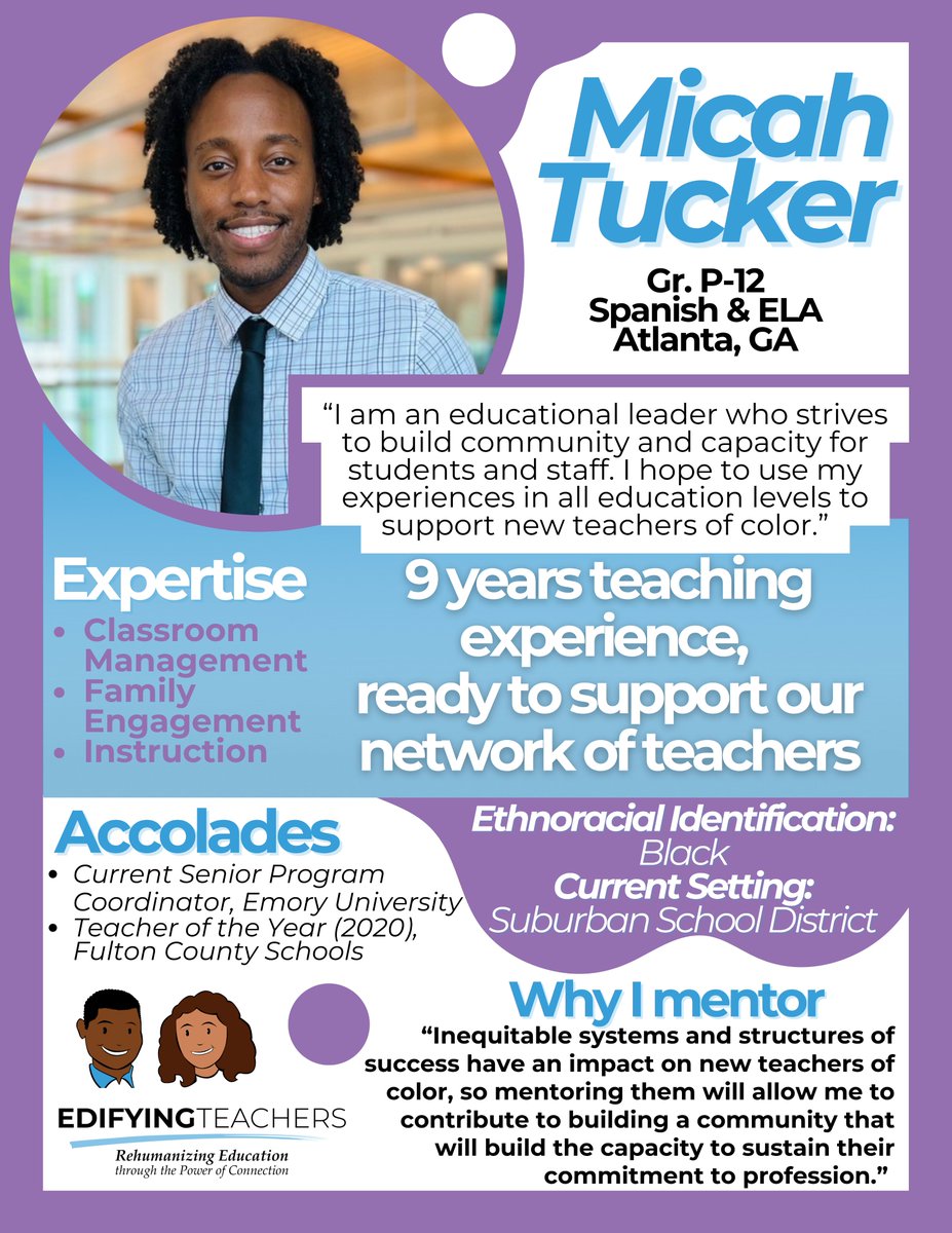 Meet Micah!

Our Edifiers are ready to empower teachers through culturally sustaining mentorship, helping them grow &amp; thrive for the betterment of their skills, students, schools, &amp; communities.

To learn more, click Bring Mentorship to Your School at edifyingteachers.com!