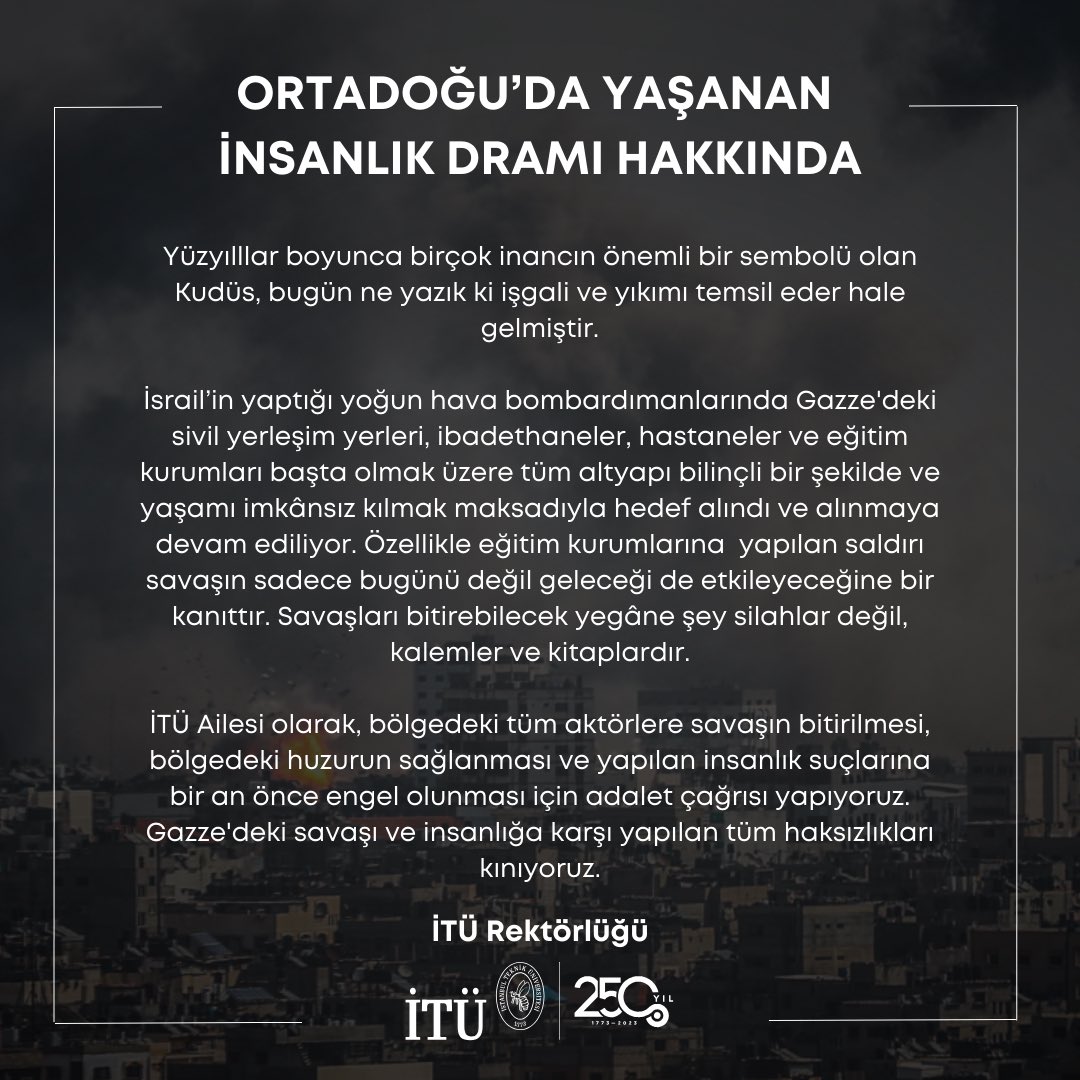 Savaşın acilen sonlandırılması, bölgedeki barışın tesis edilmesi ve işlenen insanlık suçlarına karşı adaletin sağlanması için çağrıda bulunuyoruz. 

Gazze'deki savaşı ve insanlığa karşı gerçekleşen tüm haksızlıkları şiddetle kınıyorum.