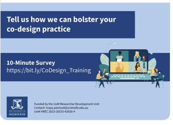 Neuroscience PhD & ECR Network (@neuromelbourne) on Twitter photo What barriers do you find to conducting #CoDesign in your research?
Sign up for training opportunities:
redcap.link/RDU_Co-Design
<a href="/Florey_postdoc/">FPA</a> <a href="/WEHI_Postdocs/">WEHI Postdocs</a> <a href="/PMPostdocs/">Peter Mac Postdoc Society (PMPS)</a> <a href="/SOBRNetwork/">Students of Brain Research (SOBR)</a> <a href="/EMCRForum/">EMCR Forum</a> <a href="/sbsemcra/">SBS EMCRA</a> <a href="/AusDementiaEMCR/">Australian Dementia EMCR Network</a> <a href="/EMCR_MIPS/">EMCR_MIPS</a> <a href="/EMCRBrainAu/">EMCR Brain Science Network</a> <a href="/Alfred_RA_EMCR/">Alfred Research Alliance EMCR</a>
Plz retweet! What barriers do you find to conducting #CoDesign in your research?
Sign up for training opportunities:
redcap.link/RDU_Co-Design
<a href="/Florey_postdoc/">FPA</a> <a href="/WEHI_Postdocs/">WEHI Postdocs</a> <a href="/PMPostdocs/">Peter Mac Postdoc Society (PMPS)</a> <a href="/SOBRNetwork/">Students of Brain Research (SOBR)</a> <a href="/EMCRForum/">EMCR Forum</a> <a href="/sbsemcra/">SBS EMCRA</a> <a href="/AusDementiaEMCR/">Australian Dementia EMCR Network</a> <a href="/EMCR_MIPS/">EMCR_MIPS</a> <a href="/EMCRBrainAu/">EMCR Brain Science Network</a> <a href="/Alfred_RA_EMCR/">Alfred Research Alliance EMCR</a>
Plz retweet!