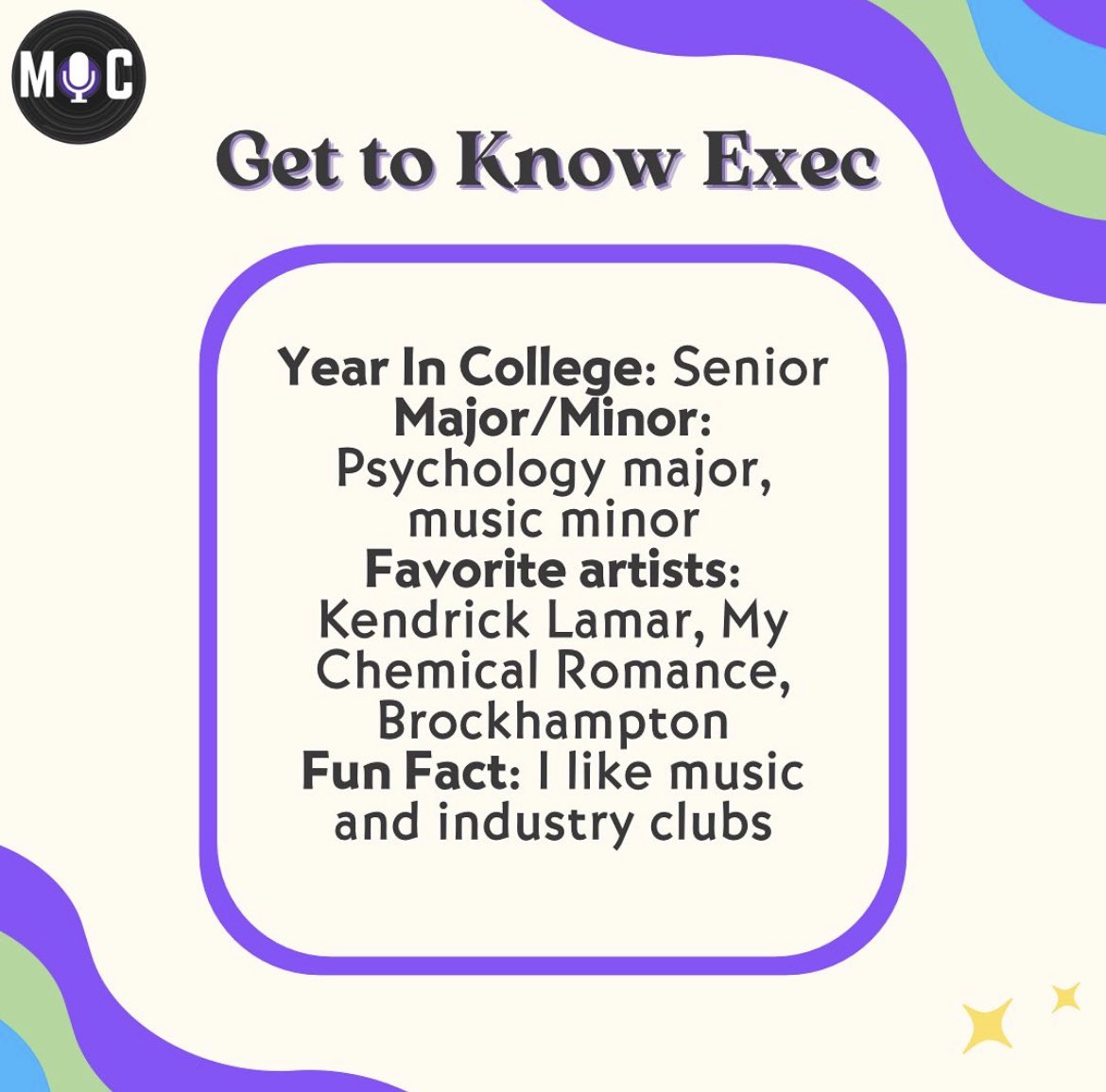 MICBGSU's tweet photo. Up next on Exec is our Audio and Production Coordinator, Ethan! 🥳
Check out Ethan’s song recommendations on the Spotify playlist at the link in our bio!🎶🎶 https://t.co/Gwb08LzEiS