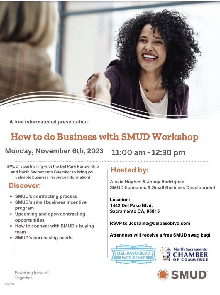 Curious how doing business with SMUD can help your business grow?  Did you know there are incentives for local small businesses?

Join us and the Del Paso Boulevard Partnership In-Person on November 6th from 11-12:30pm at 1442 Del Paso Blvd. Sacramento CA, 95815.