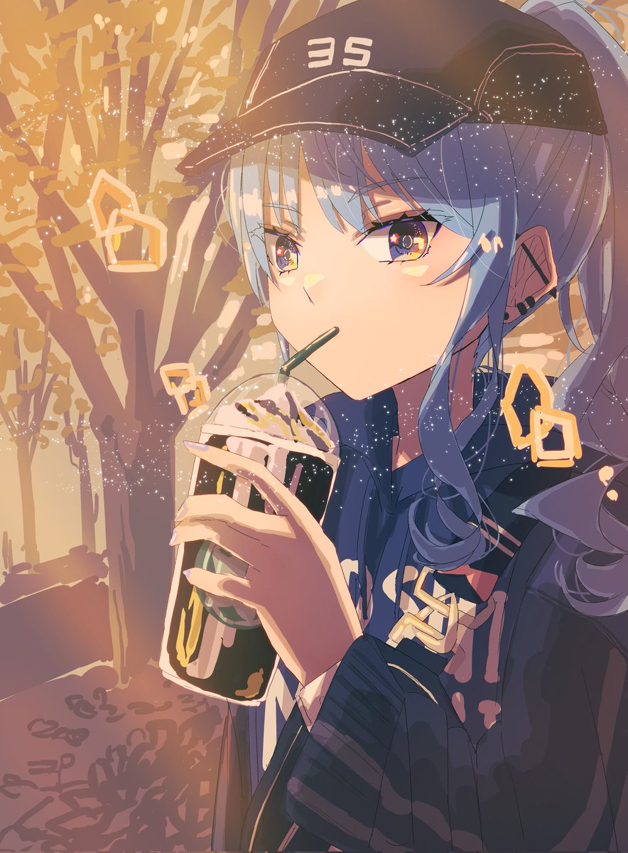 hoshimachi suisei 1girl blue hair solo hat blue eyes holding baseball cap  illustration images