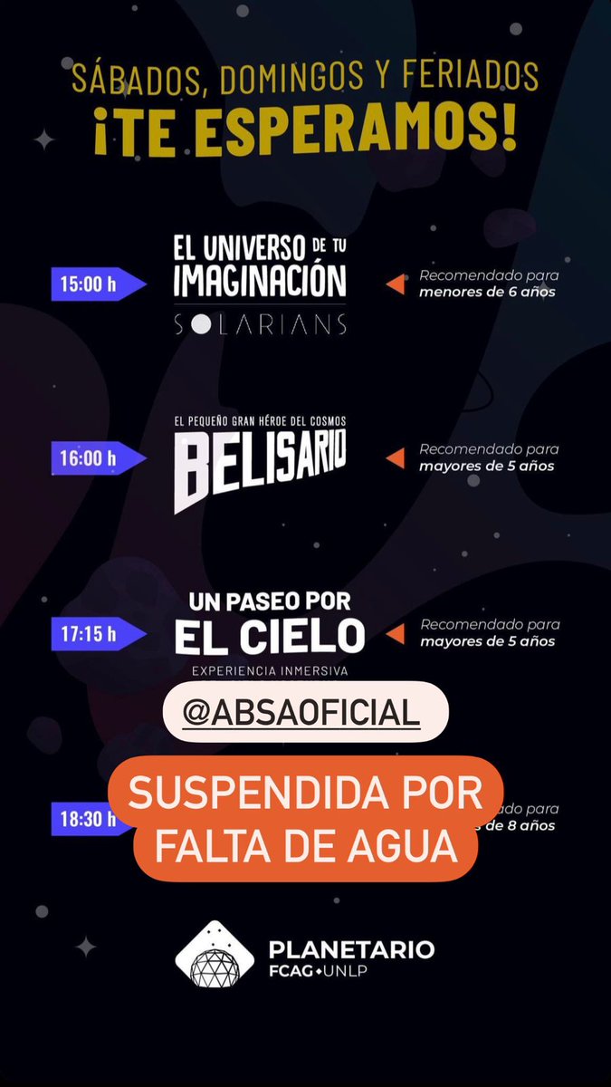 Lamentablemente tuvimos que suspender la última función hoy sábado por falta de agua. Esperamos novedades de <a href="/ABSAOficial/">ABSA</a> para ver si podemos abrir mañana domingo.