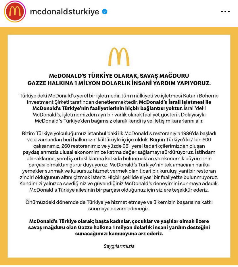 yourturkishfave's tweet photo. Major BDS win! 

McDonalds Türkiye made a statement saying they’re sending $1M humanitarian aid to Gaza.

The company also stated that McDonalds Türkiye is a regional business and has no ties to McDonalds Israel. https://t.co/OPAutdZkYa