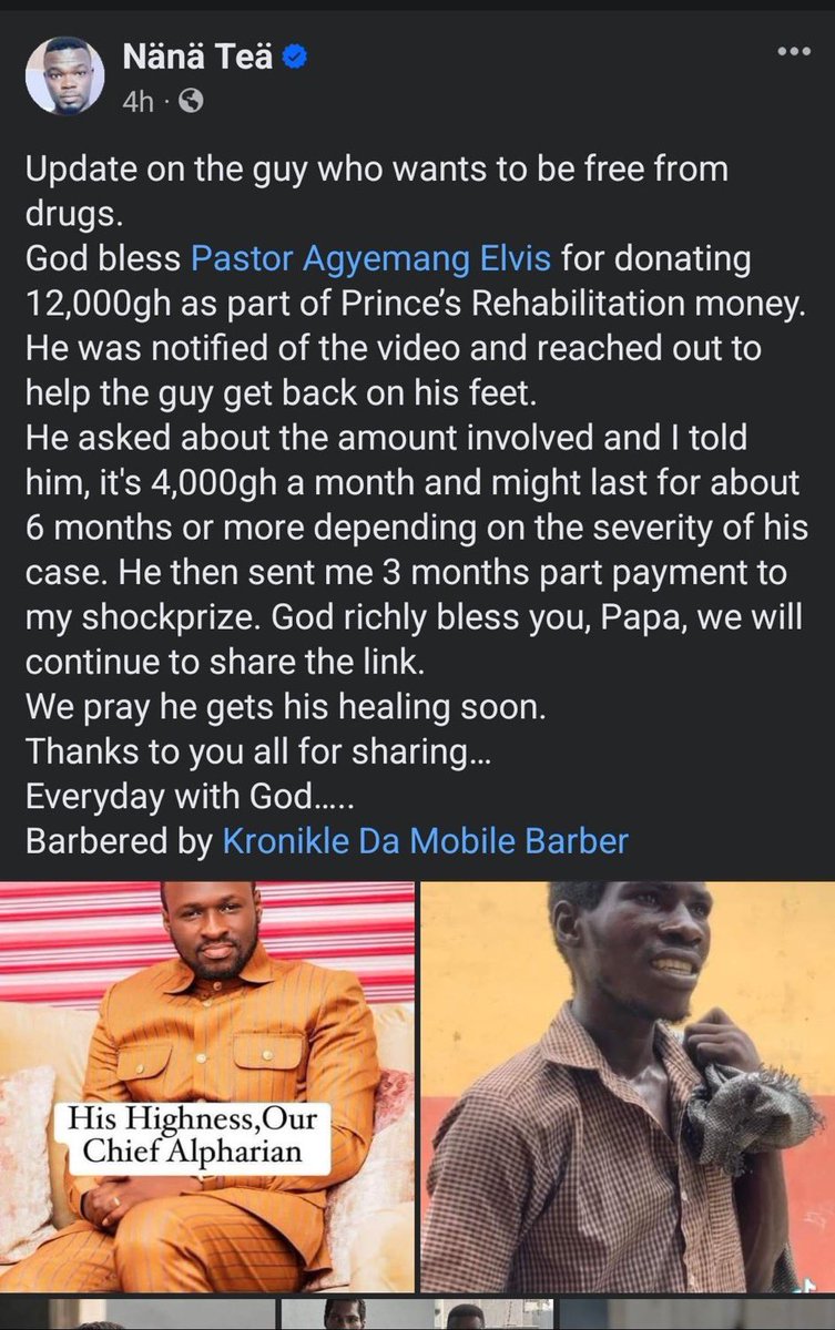 Update: Philanthropist Nana Tea reveals that Convener of Alpha Hour, Pastor Elvis Agyemang has donated GH¢12,000 towards seeking a rehabilitation program for Prince, to cure him of his drug addiction. 

Also, KFC Ghana has offered him a full-time job when he comes out of rehab,