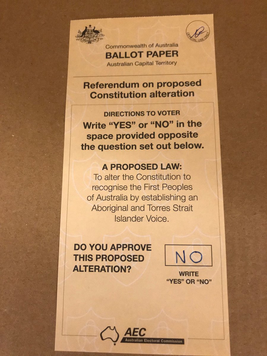 andrewglitz's tweet photo. @RheenSister Just voted today in Canberra. Took a pen to write NO. AEC guy gave me a pencil. I said “is this so you can erase it later and change my vote, it’s ok I brought a pen with me for this very reason”. He gave me the glare of all glares https://t.co/TdeQozfy03