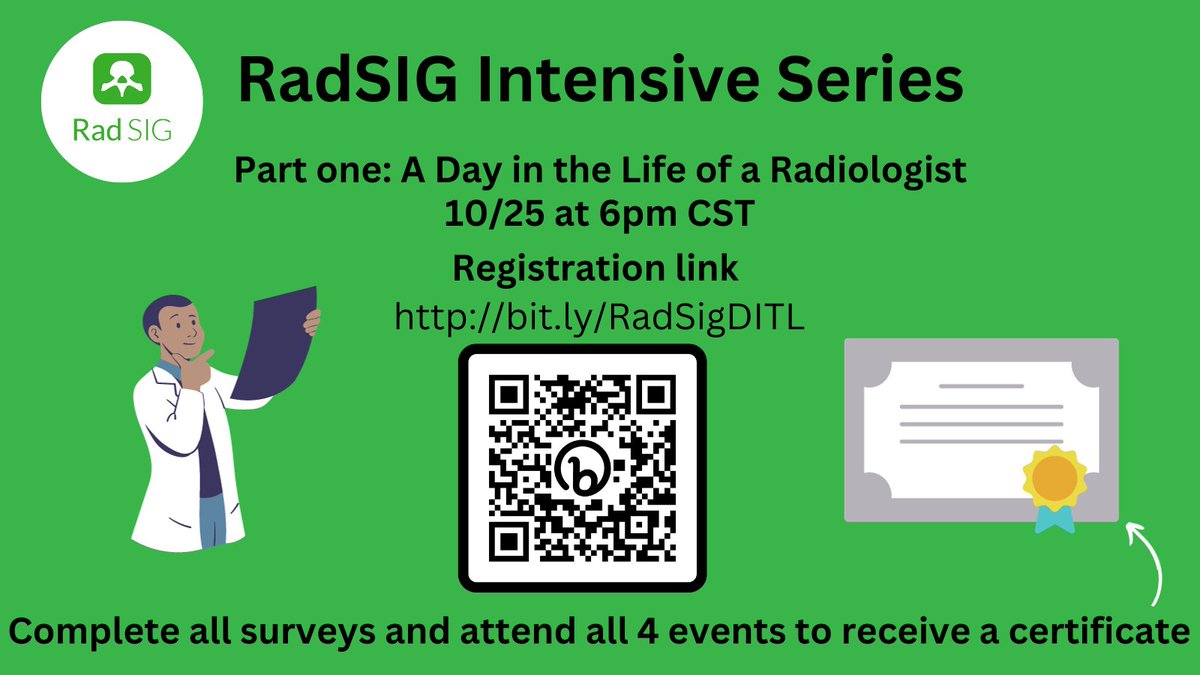 Attention #futureradres: Please register for our RadSIG Fall 2023 Intensive Series! Our first event will be 'A Day in the Life of a Radiologist'! Register using the link below! Complete all surveys and events to receive a certificate! bit.ly/RadSigDITL #MedEd #Radiology