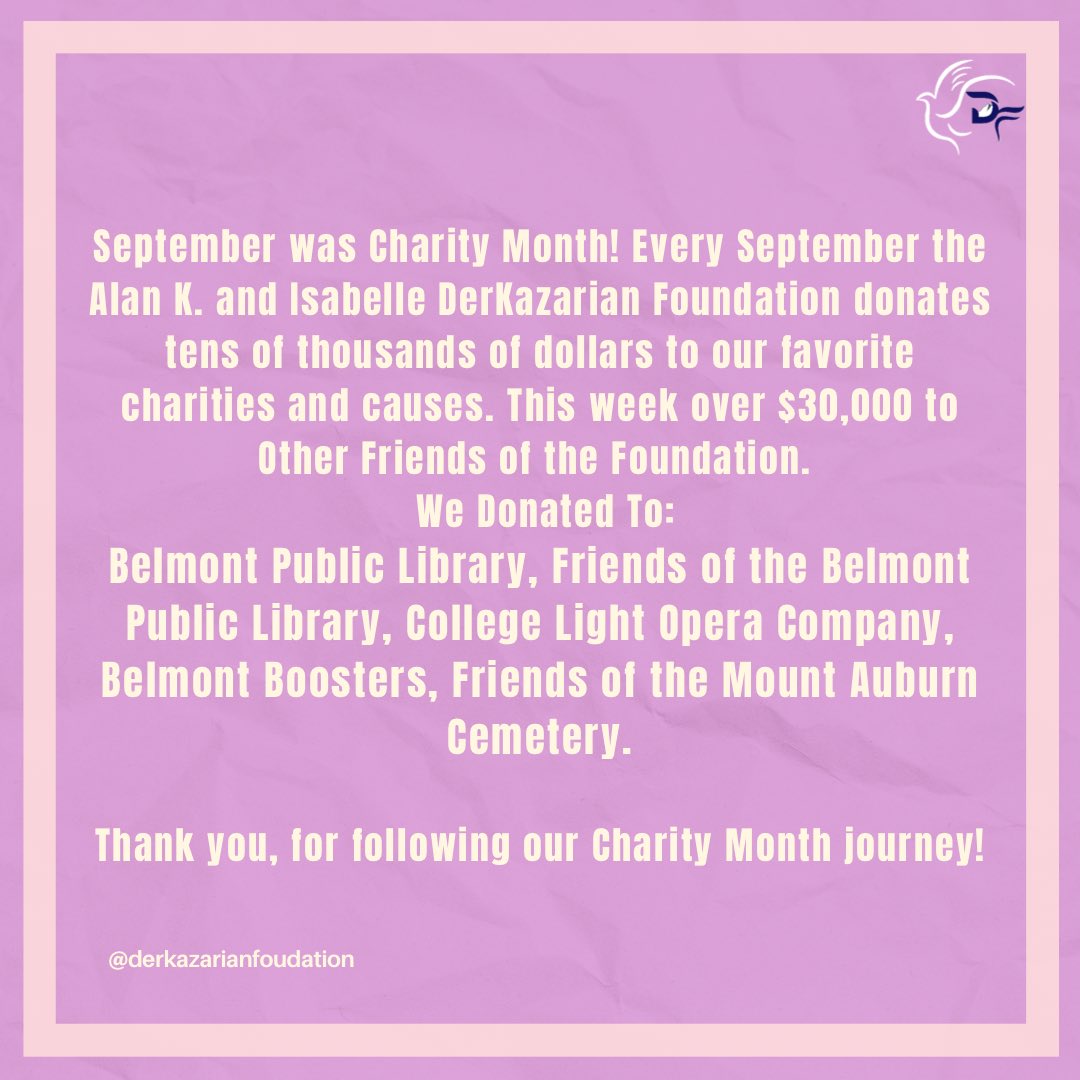 derkazarianf's tweet photo. September is CHARITY MONTH! The Alan K. and Isabelle DerKazarian believes in the importance of giving back to the community. We had so much to give that we needed extra time to share it all with you! Follow our Charity Month posts to see our previous contributions. https://t.co/crkUkTvPfT