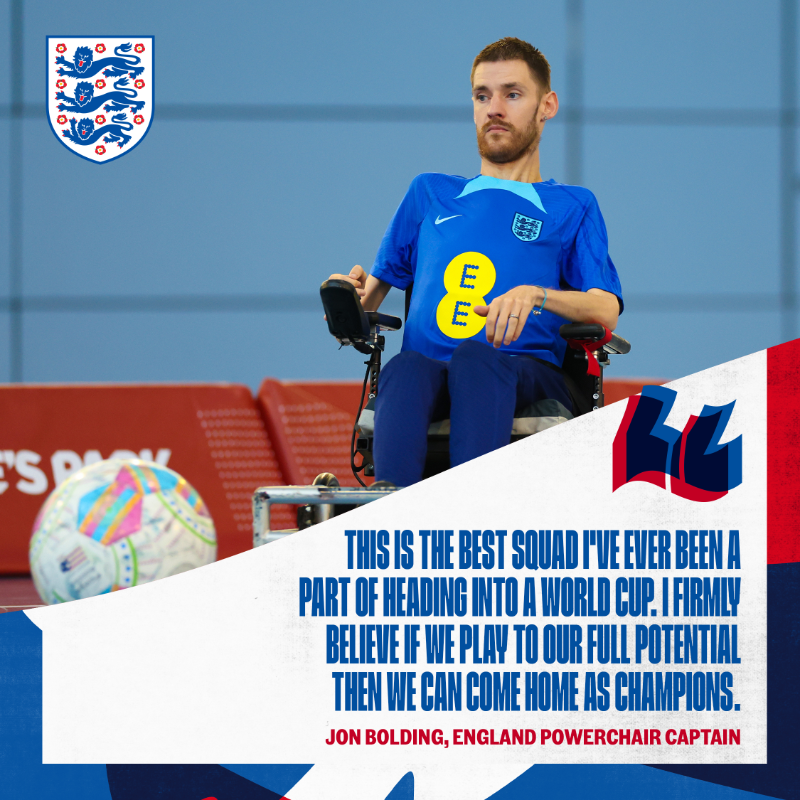England's tweet photo. Ready to represent 🏴󠁧󠁢󠁥󠁮󠁧󠁿

Ahead of their opening game at the #FIPFAPowerchairWorldCup on Sunday, get to know more about the England Powerchair team with captain @jbolding8: