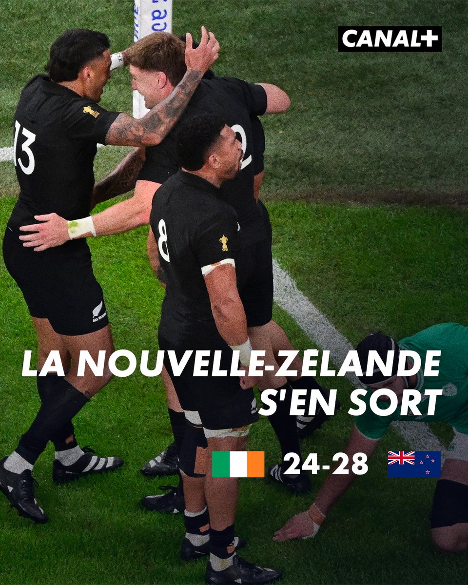CanalplusRugby's tweet photo. LA NOUVELLE-ZÉLANDE REJOINT L’ARGENTINE 🇳🇿

Les All Blacks se qualifient pour les demi-finales de la Coupe du monde au bout de l’effort face à l’Irlande 💪 https://t.co/gqufSjG0X3