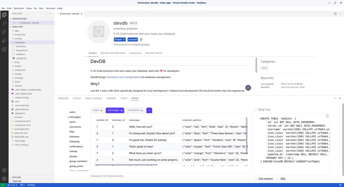 _damms005's tweet image. Your database DX (whatever that means lol) is going to change forever.

Welcome DevDB, a zero-configuration VS Code extension with the best database client DX.

Expect first-party support for Laravel projects. Other to follow.

Stay tuned for weekly-ish updates... 💅

#DevDB…