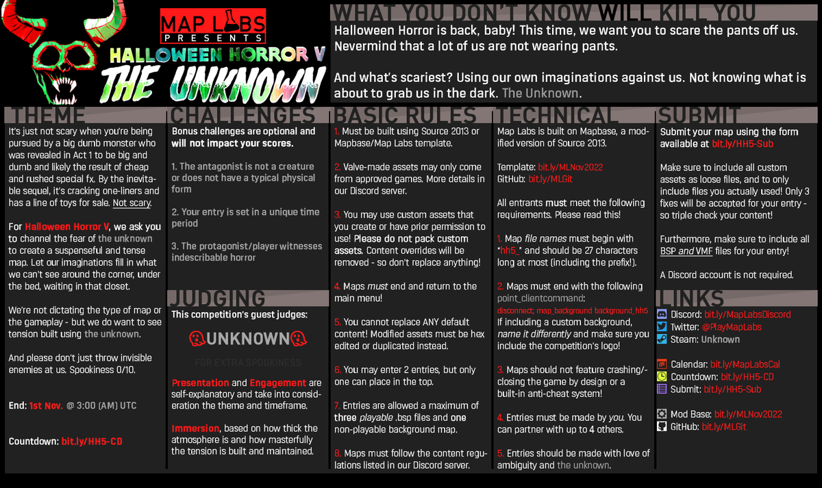 Halloween Horror is back again, in... THE UNKNOWN! As the subtitle implies, approach your take on spooky this year with some mystery. What is it? Who is it? Where am I? Do you validate parking?

Countdown: bit.ly/HH5-CD
Submission: bit.ly/HH5-Sub