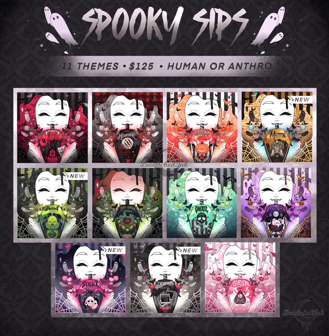  SPOOKY SIPS ICONS   • Vampire • Werewolf • Pumpkin • Mummy • Swamp Thing • Ghoul • Dark Garden • Witch • Slasher • Ghost • Cryptid •   1 2 5 Flats  Limited Slots  Closing 10/17  Updated original designs with four new themes!  COMMENT `CLAIM' FOR A SLOT