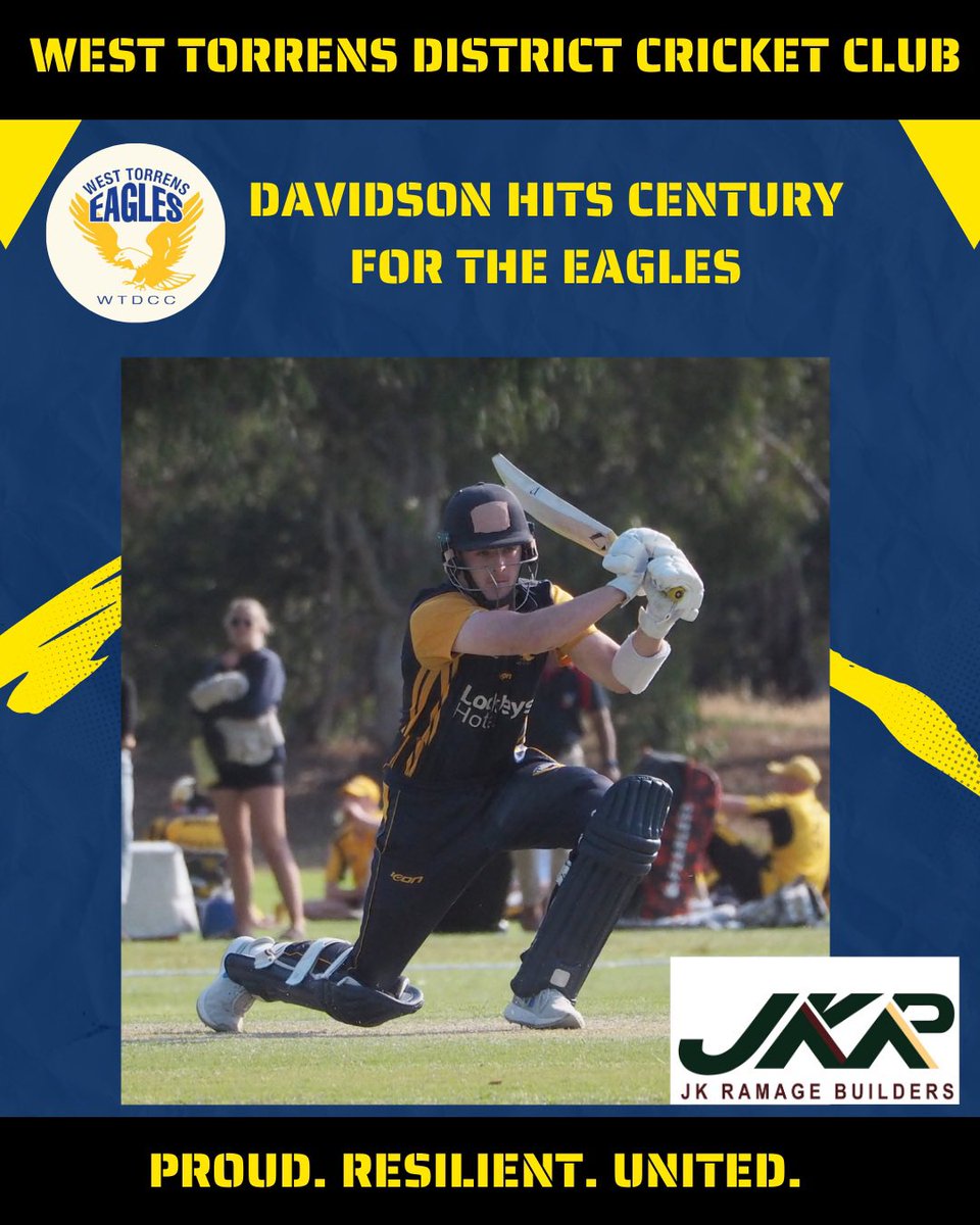 Congratulations to West Torrens District Cricket Club player, Jasper Davidson who hit an unbeaten century in Round 1 of the West End One Day Cup in the Men’s 1st Grade.

Jasper scored 112 runs not out off 158 balls including 6 x 4s to help WTDCC to a win over East Torrens.