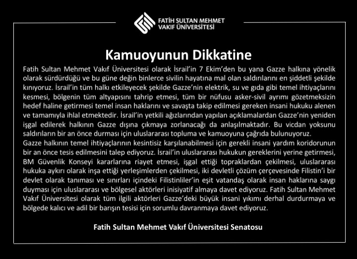 fsmvu's tweet photo. Fatih Sultan Mehmet Vakıf Üniversitesi olarak Kamuoyuna duyurumuzdur...
#GazzeUnderAttack https://t.co/WRCEpbCKt2