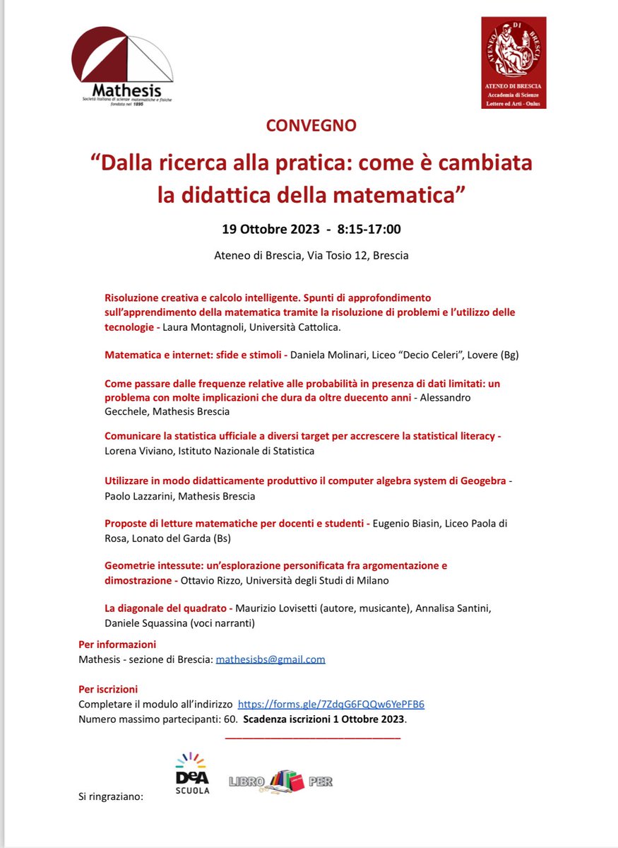 VeronicaCavicch's tweet photo. CONVEGNO
“Dalla ricerca alla pratica: come è cambiata la didattica della matematica”
19 Ottobre 2023 - 8:15-17:00
Ateneo di Brescia, Via Tosio 12, Brescia https://t.co/PMTPn1FKVR