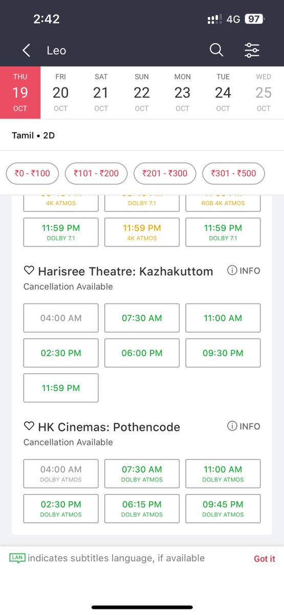 Harisree Theatre Kazhakuttom &  HK Cinemas Pothencode Booking got Open On Book My Show

Note: The 4:00 a.m. show is Not Available for booking since it is allotted for Fans Show