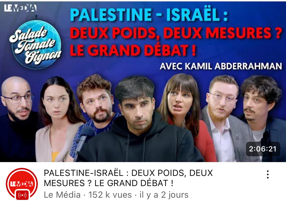 Gros débat sur la situation en Palestine dans l’émission de <a href="/kamilabderrahmn/">Kamil Abderrahman</a> <a href="/stotv_/">SALADE TOMATE OIGNON</a> 

Intervenants de qualités comme <a href="/WXelka/">Wissam Xelka</a> <a href="/AssounSimon/">Simon Assoun שמעון הסון</a> <a href="/alma_dufour/">Alma Dufour</a> 

Ce n’est pas CNEWS, débat intéressant &amp; instructif. 

Tellement hâte <a href="/LeMediaTV/">Le Média</a> 🔥20 Octobre🔥

youtu.be/mP0y6qmaMyY