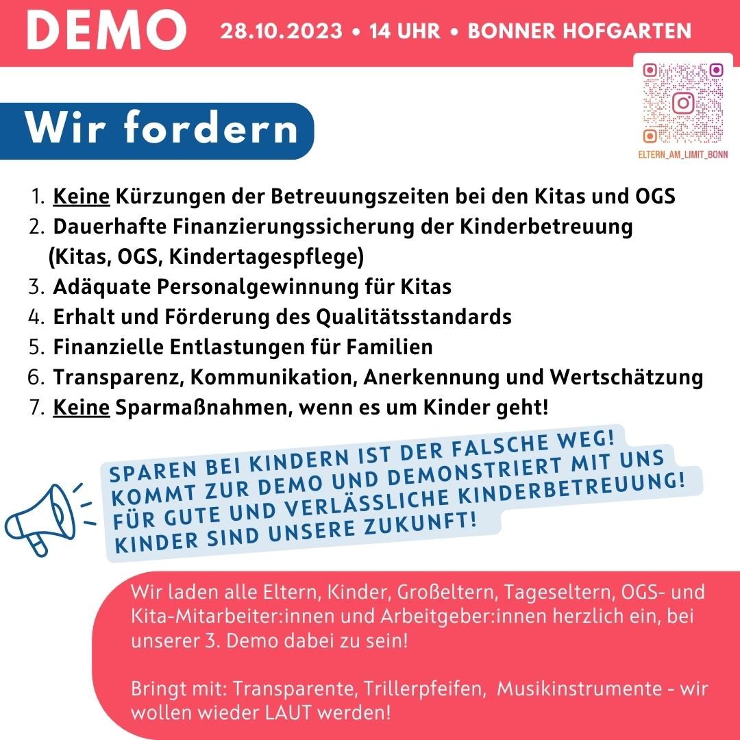 AndreasBlohm's tweet photo. Am 28. Oktober 2023 findet um 14 Uhr im Hofgarten in #Bonn die 3. Demo der Initiative #ElternAmLimit statt. Es geht vor allem um die desolate Finanz- und Personalsituation an Kitas und in der OGS - und um die daraus folgenden Betreuungsausfälle. Kommt alle! Gerne RT. https://t.co/CGU2GQs19r