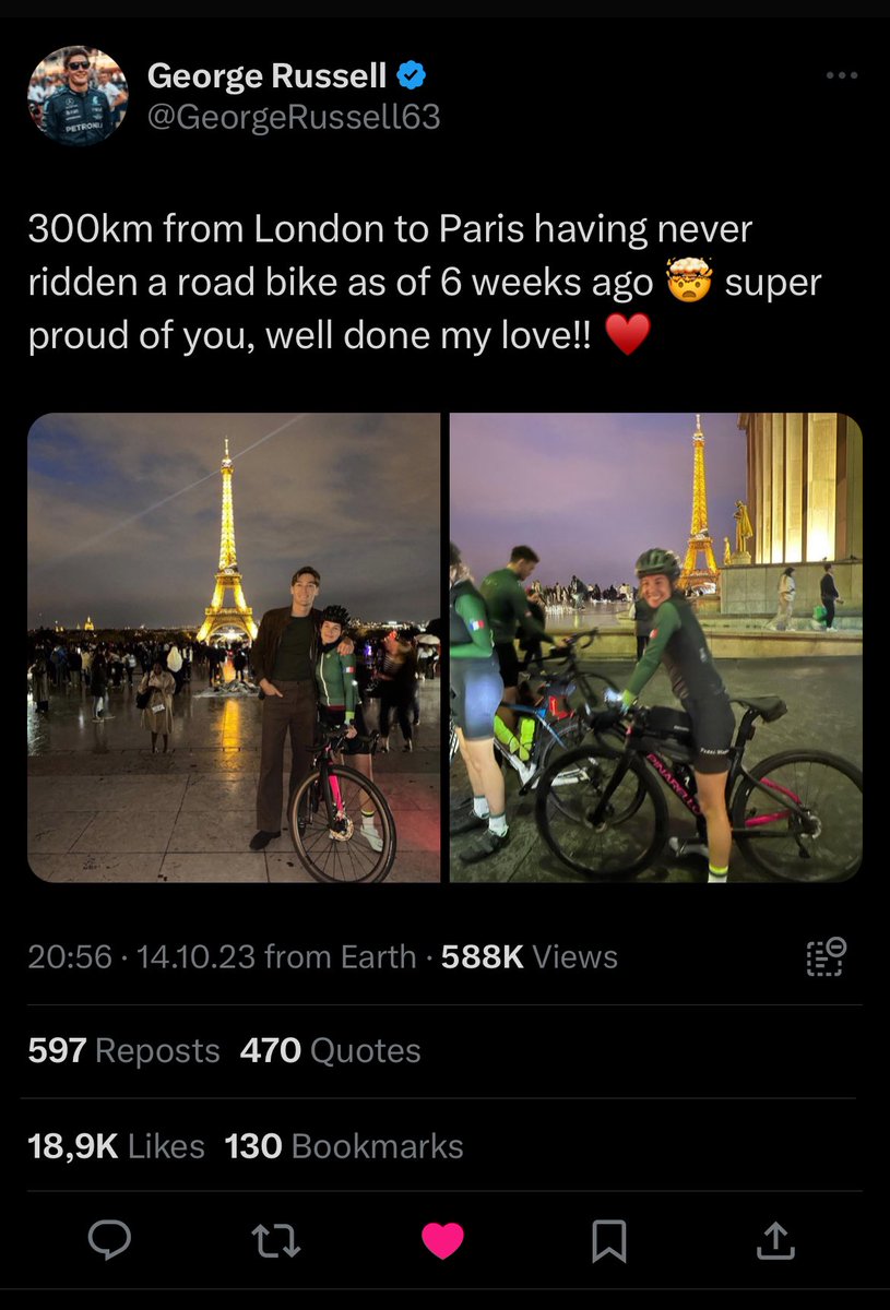 16piastris's tweet photo. george russell flies to paris to wait up for his girlfriend and her colleagues WITH PASTRIES and makes an entire post dedicated to how proud he is of her and guys still think a simple “wyd” will do it for me https://t.co/ludK7KVxZN