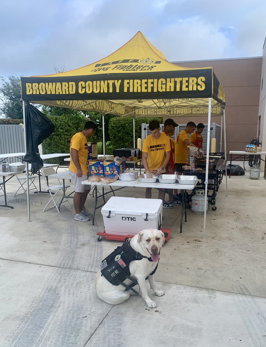Oscar is supervising our brand new probationary firefighters to make sure the burgers and hotdogs come out good. #therapydog #firstresponderspack #local4321 #firefighter #southflorida