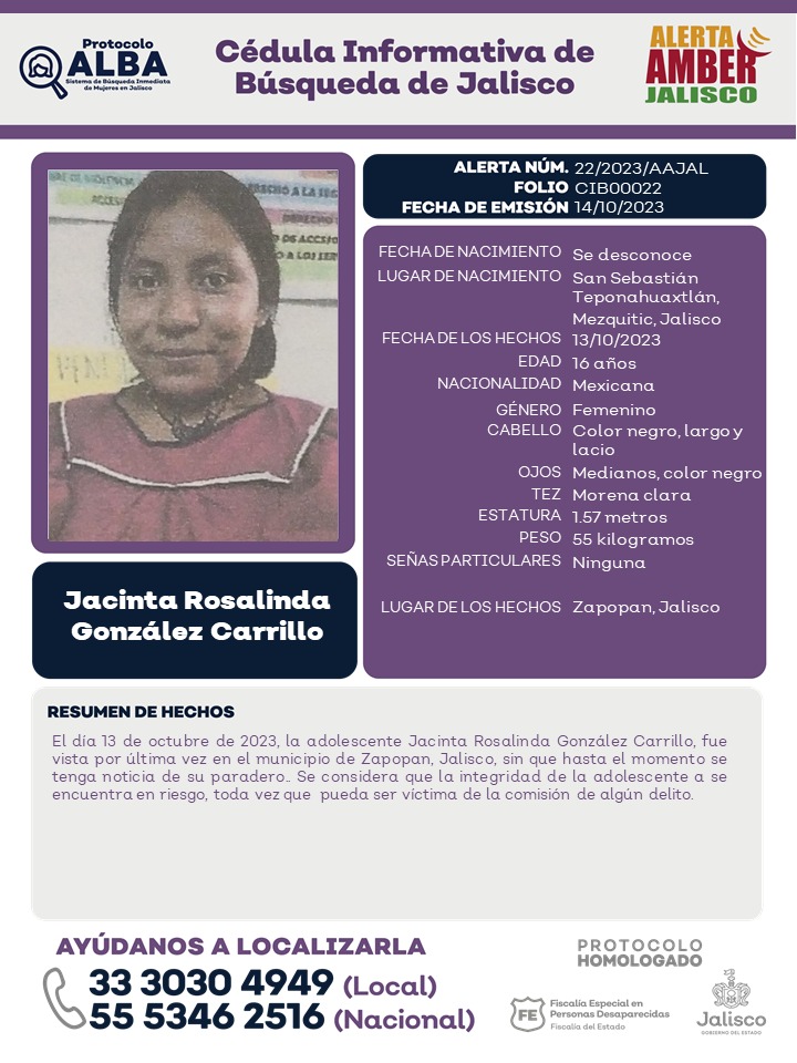 AAMBER_JAL's tweet photo. #AlertAmber solicita su apoyo para la búsqueda y localización de JACINTA ROSALINDA GONZALEZ CARRILLO, de 16 años de edad. Gracias por compartir la información. https://t.co/1n6fCwzk0W