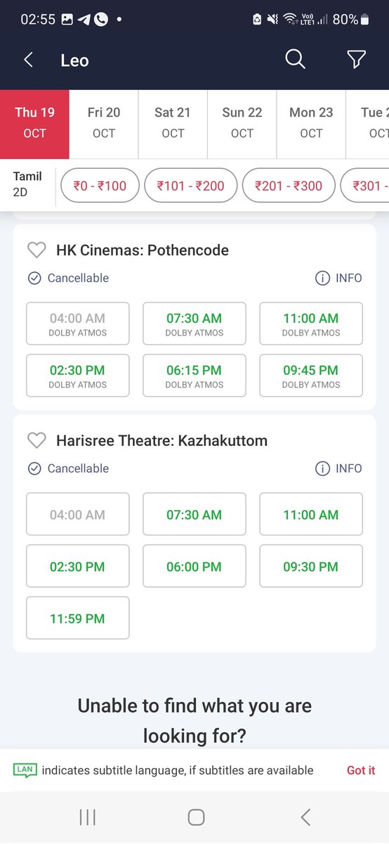 #Leo HK Cinemas Pothencode & Harisree Theatre Kazhakuttom Booking Opens Now

4am show is charted for fans show and is not available for booking