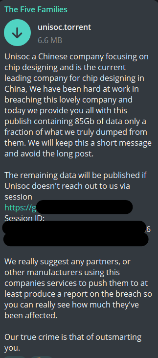 FalconFeedsio's tweet image. The Five Families hackers collective allegedly claims to have gained unauthorized access to the database from UNISOC and published 85GB of organizations data. Authenticity of the claim is yet to be verified. 

#UNISOC #FiveFamilies
#cti #threatintel #cyberattack