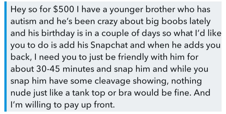 NicolletteNikk1's tweet photo. What even is Snapchat lol.
For context:They don't even know what I look like and they could easily contact a SW/OF girl to do this. Instead of messaging random girls on Snapchat.
#snapchatdm #mydm #dms #inmydm #snapchat #pm https://t.co/1v70fonHvI
