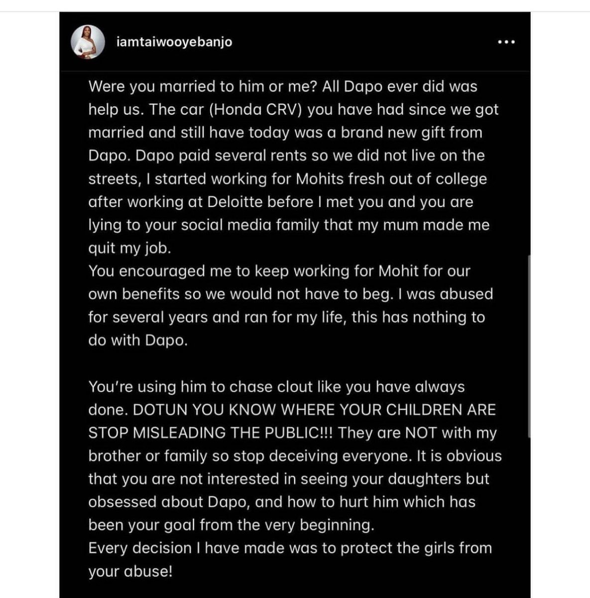 GistReel's tweet photo. Dotunโs ex wife Taiwo Oyebanjo finally responds to him https://t.co/3oL3mHx4Jq